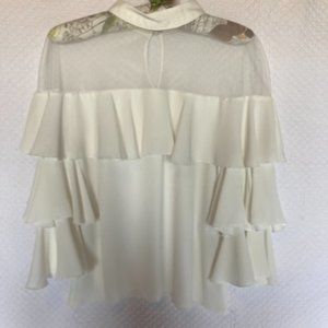 La Pateau Off White Ruffle Sleeve Blouse with Mesh Neckline sz XS/S